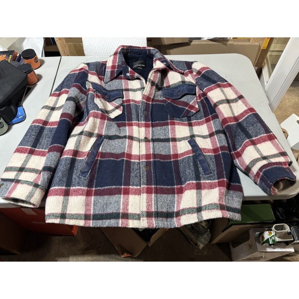 VTG 70s 80s JC Penney Red Blue Plaid Cruiser Shirt Jacket‎ Mens XL Fleece Lined